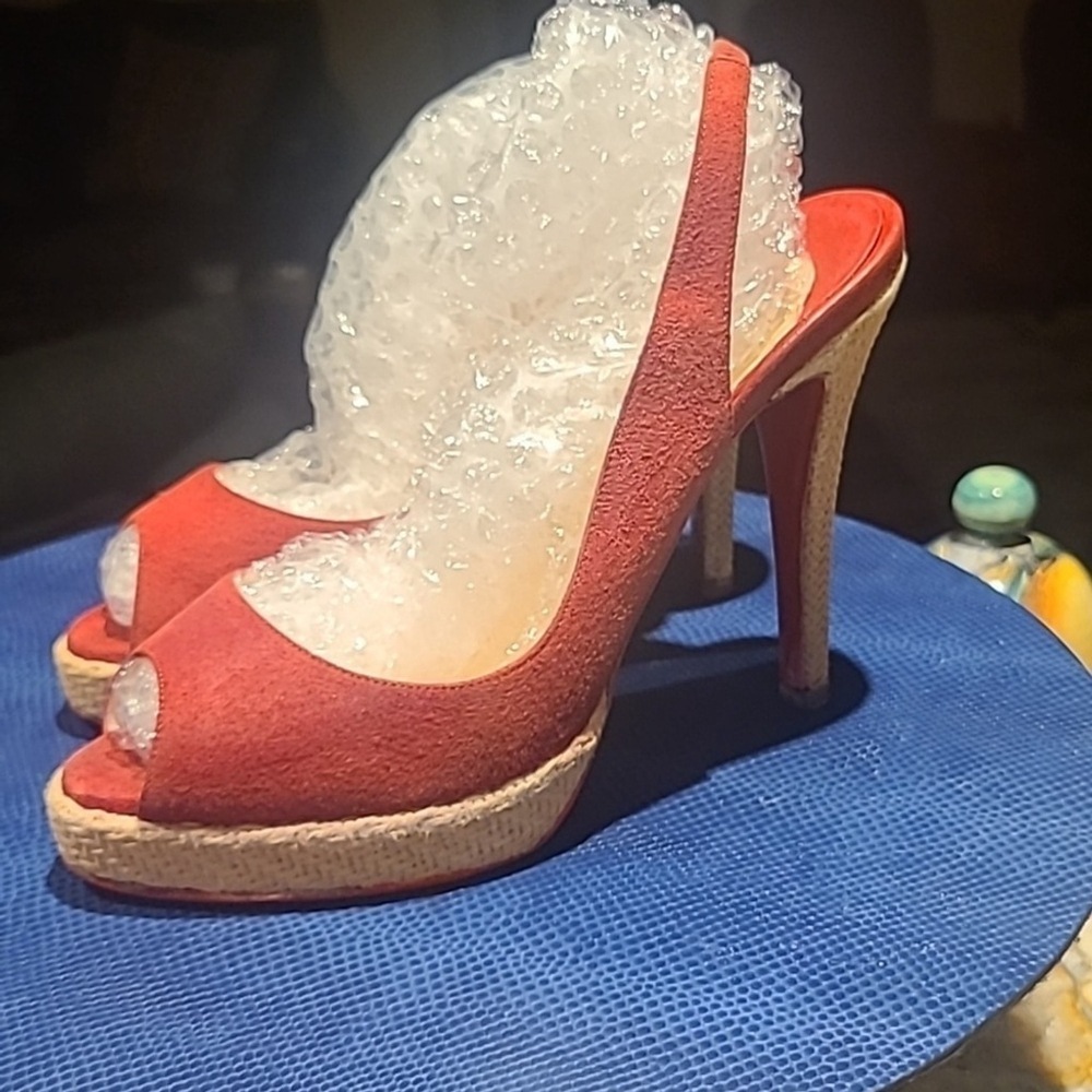 Christian Louboutin heels Sz 38.(#1387)red suede w/ 4.75" heel and 1" platform.